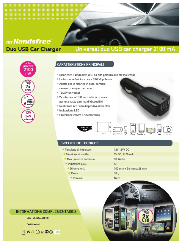 Universal Duo USB Car Charger 2100 mA